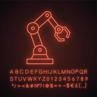 Industrial robotic arm neon light icon. Robot hand. Glowing sign with alphabet, numbers and symbols. Vector isolated illustration