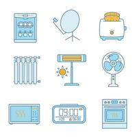 Household appliance color icons set. Dishwasher, satellite dish, slice toaster, radiator, infrared heater, floor fan, microwave oven, digital clock, kitchen stove. Isolated vector illustrations