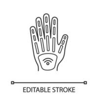 Human microchip implant in hand linear icon. Thin line illustration. NFC implant. Implanted RFID transponder. Contour symbol. Vector isolated outline drawing. Editable stroke