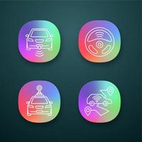 Smart cars app icons set. NFC autos. Intelligent vehicles. Self driving automobiles. Autonomous cars. Driverless vehicles. UI UX interface. Web or mobile applications. Vector isolated illustrations