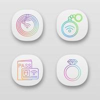 NFC technology app icons set. Near field chip, trinket, identification system, ring. UI UX user interface. Web or mobile applications. Vector isolated illustrations