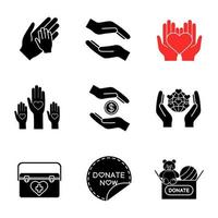 Charity glyph icons set. Silhouette symbols. Helping hands, donate now sticker, Earth saving, toys donation, organ transplant box, unity in diversity. Vector isolated illustration