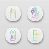 NFC technology app icons set. Near field manicure, hand implant, POS terminal, door lock. UI UX user interface. Web or mobile applications. Vector isolated illustrations