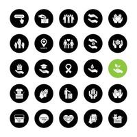 Charity glyph icons set. Donation. Fundraising, helping hands, volunteering, humanitarian aid. Vector white silhouettes illustrations in black circles