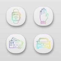 NFC technology app icons set. Near field smartwatch, bracelet, credit cards, car. UI UX user interface. Web or mobile applications. Vector isolated illustrations