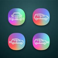 Smart cars app icons set. NFC autos. Intelligent vehicles. Self driving automobiles. Autonomous cars. Driverless vehicles. UI UX interface. Web or mobile applications. Vector isolated illustrations