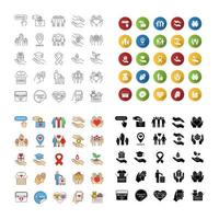 Charity icons set. Linear, flat design, color and glyph styles. Donation. Fundraising, helping hands, volunteering, humanitarian aid. Isolated vector illustrations