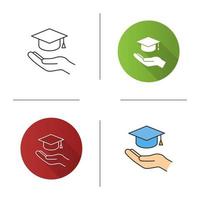 Accessible or free education icon. Flat design, linear and color styles. Open hand with graduation cap. Getting diploma. Isolated vector illustrations