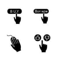 conjunto de iconos de glifo de botones de aplicación. hacer clic. comprar, comprar, mouse de computadora, me gusta y no me gusta. símbolos de silueta. ilustración vectorial aislada vector