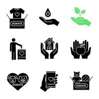 Charity glyph icons set. Silhouette symbols. Blood, toys, clothes, food donation, greening, fundraising, shelter for homeless, animals welfare, smartphone donation app. Vector isolated illustration