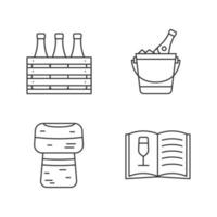 Alcohol linear icons set. Bar. Wine. Beer case, champagne bucket, cork, wine menu. Thin line contour symbols. Isolated vector outline illustrations. Editable stroke