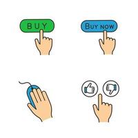 App buttons color icons set. Click. Buy, purchase, computer mouse, like and dislike. Isolated vector illustrations