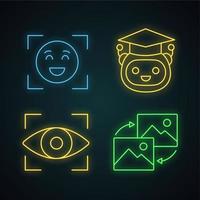 conjunto de iconos de luz de neón de aprendizaje automático. detección de emociones, robot maestro, escaneo de retina, transformación de datos. signos brillantes. Ilustraciones de vectores aislados