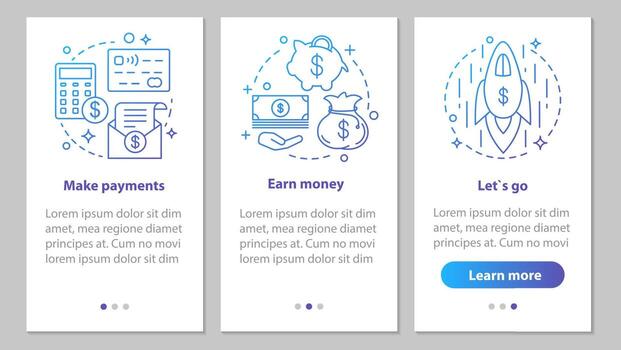 Business development onboarding mobile app page screen with linear concepts. Financial services. Make payment, earn money, startup launch. Steps instructions. UX, UI, GUI vector illustrations
