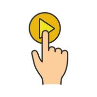 Play button click color icon. Start, launch. Media player. Hand pushing button. Isolated vector illustration