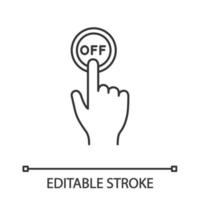 Turn off button click linear icon. Shutdown. Power off. Thin line illustration. Hand pressing button. Contour symbol. Vector isolated outline drawing. Editable stroke