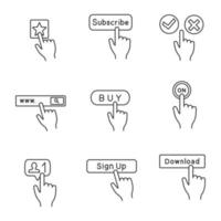 App buttons linear icons set. Favorite, subscribe, accept and decline, search, buy, turn on, follower, sign up, load. Thin line contour symbols. Isolated vector outline illustrations. Editable stroke