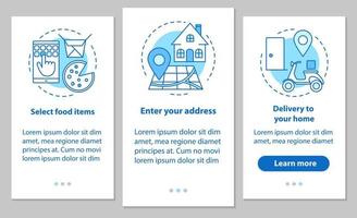 Food delivery onboarding mobile app page screen with linear concepts. Steps instructions. Online meal ordering. Select items, setting address, home delivery. UX, UI, GUI vector illustrations