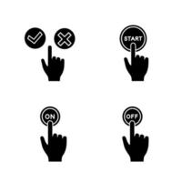 App buttons glyph icons set. Click. Accept and decline, start, turn on and off. Silhouette symbols. Vector isolated illustration