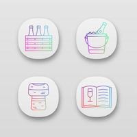 Alcohol app icons set. Bar. Wine. Beer case, champagne bucket, cork, wine menu. UI UX user interface. Web or mobile applications. Vector isolated illustrations