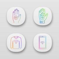 NFC technology app icons set. Near field hand sticker, implant, clothes, smartphone. UI UX user interface. Web or mobile applications. Vector isolated illustrations