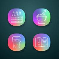 Alcohol app icons set. Bar. Wine. Beer case, champagne bucket, cork, wine menu. UI UX user interface. Web or mobile applications. Vector isolated illustrations