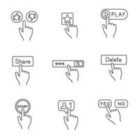 App buttons linear icons set. Dislike and like, add favorite, play, share, search, delete, start, follower, yes or no. Thin line contour symbols. Isolated vector outline illustrations. Editable stroke