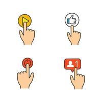 App buttons color icons set. Click. Play, like, power, new follower notification. Isolated vector illustrations