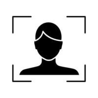 Facial recognition glyph icon. Face scan. Silhouette symbol. Biometric identification. Face ID. Negative space. Vector isolated illustration