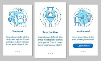 Professional success factors onboarding mobile app page screen with linear concepts. Teamwork, time management, inspiration. Steps graphic instructions. UX, UI, GUI vector template with illustrations