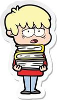 sticker of a cartoon exhausted boy holding book vector