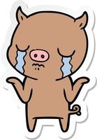 sticker of a cartoon pig crying vector