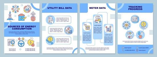 Energy management blue brochure template. Sources of consumption. Leaflet design with linear icons. 4 vector layouts for presentation, annual reports.