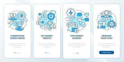 Guide to energy strategy blue onboarding mobile app screen. Walkthrough 4 steps graphic instructions pages with linear concepts. UI, UX, GUI template. vector