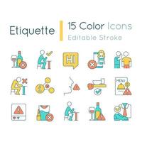 Etiquette RGB color icons set. Set of rules and norms. Ethical behavior. Politeness and manners. Isolated vector illustrations. Simple filled line drawings collection. Editable stroke