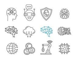 linear icons set. Thin line contour symbols. AI. Internet of things. Digital network. Neurotechnology. Isolated vector outline illustrations. Editable stroke