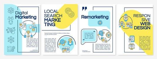 Digital marketing tactics blue and yellow brochure template. Booklet print design with linear icons. Vector layouts for presentation, annual reports, ads