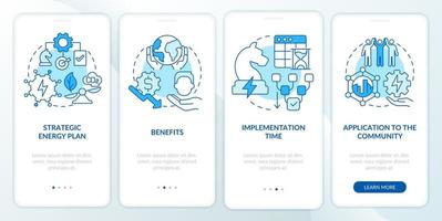Focus on energy strategy blue onboarding mobile app screen. Walkthrough 4 steps graphic instructions pages with linear concepts. UI, UX, GUI template.