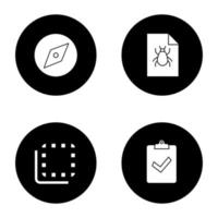 UI UX glyph icons set. Explore tool, bug report, flip to back button, assignment turned in. Vector white silhouettes illustrations in black circles