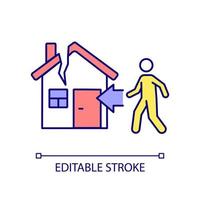 Returning to damaged home RGB color icon. Homeowner of broken building. Natural disaster result. Isolated vector illustration. Simple filled line drawing. Editable stroke.