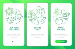 Variedades de pantalla de aplicación móvil de incorporación de degradado verde de dieta vegana. tutorial 3 pasos páginas de instrucciones gráficas con conceptos lineales. interfaz de usuario, ux, plantilla de interfaz gráfica de usuario. vector