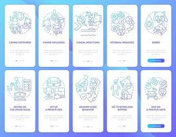 Focus on dog wellness blue gradient onboarding mobile app screen set. Walkthrough 5 steps graphic instructions pages with linear concepts. UI, UX, GUI template. vector