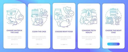 Keeping small animals healthy blue gradient onboarding mobile app screen. Walkthrough 5 steps graphic instructions pages with linear concepts. UI, UX, GUI template. vector