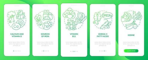 Sources of nutrients green gradient onboarding mobile app screen. Walkthrough 5 steps graphic instructions pages with linear concepts. UI, UX, GUI template. vector