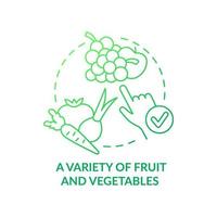 Variety of fruit and vegetables green gradient concept icon. Diverse nutrition. Tip for vegan lifestyle abstract idea thin line illustration. Isolated outline drawing. vector