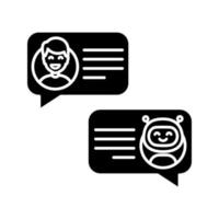 Support chatbot glyph icon. Silhouette symbol. Talkbot. Online virtual assistant. Chat bot. Modern robot. Man chatting with messenger bot. Negative space. Vector isolated illustration