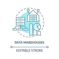 Data warehouses turquoise concept icon. Information systems major type abstract idea thin line illustration. Management. Isolated outline drawing. Editable stroke. vector