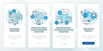 Information sector elements blue onboarding mobile app screen. Walkthrough 4 steps graphic instructions pages with linear concepts. UI, UX, GUI template. vector