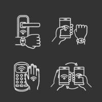 NFC technology chalk icons set. Near field door lock, bracelet, payment terminal, data transfer. Isolated vector chalkboard illustrations