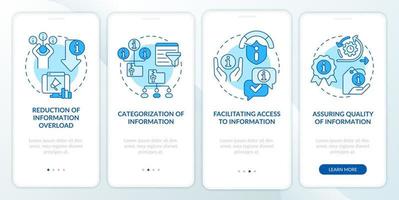 Assignments of information industry blue onboarding mobile app screen. Walkthrough 4 steps graphic instructions pages with linear concepts. UI, UX, GUI template. vector